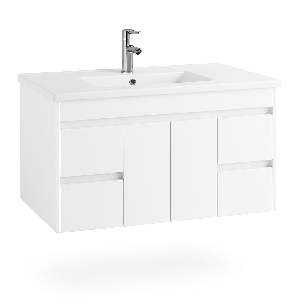 Floating Vanity PVC Glossy White 60"x 18" Single Sink 4 Drawers 2 Doors