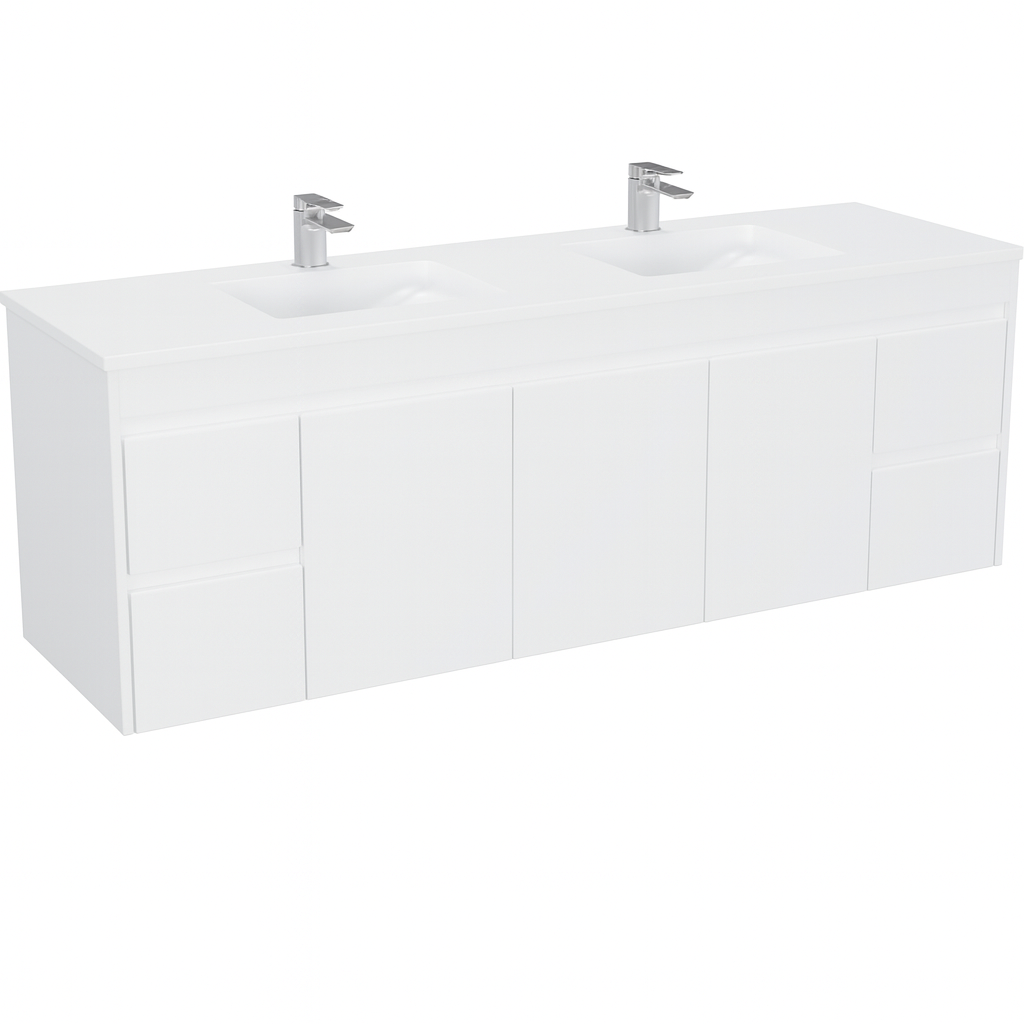 Floating Vanity PVC Glossy White 72"x 18" Single Sink 4 Drawers 3 Doors