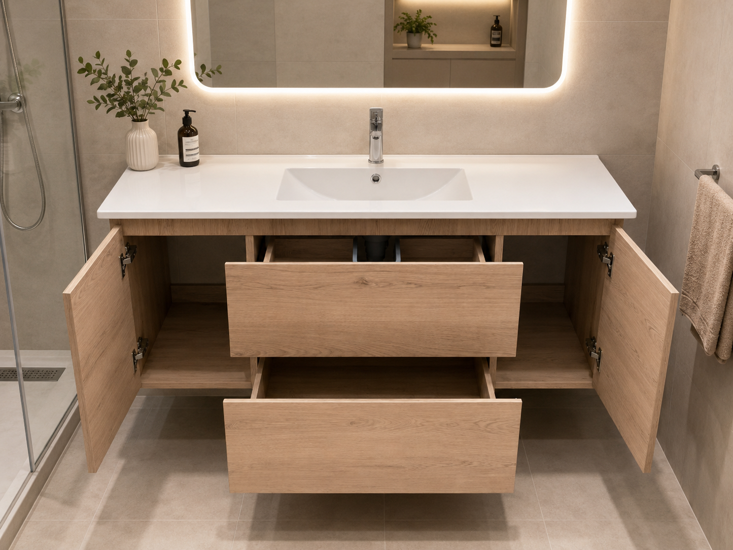 Floating Vanity 48" x 18" Inch PVC Wood Color Two Drawers And Two Doors