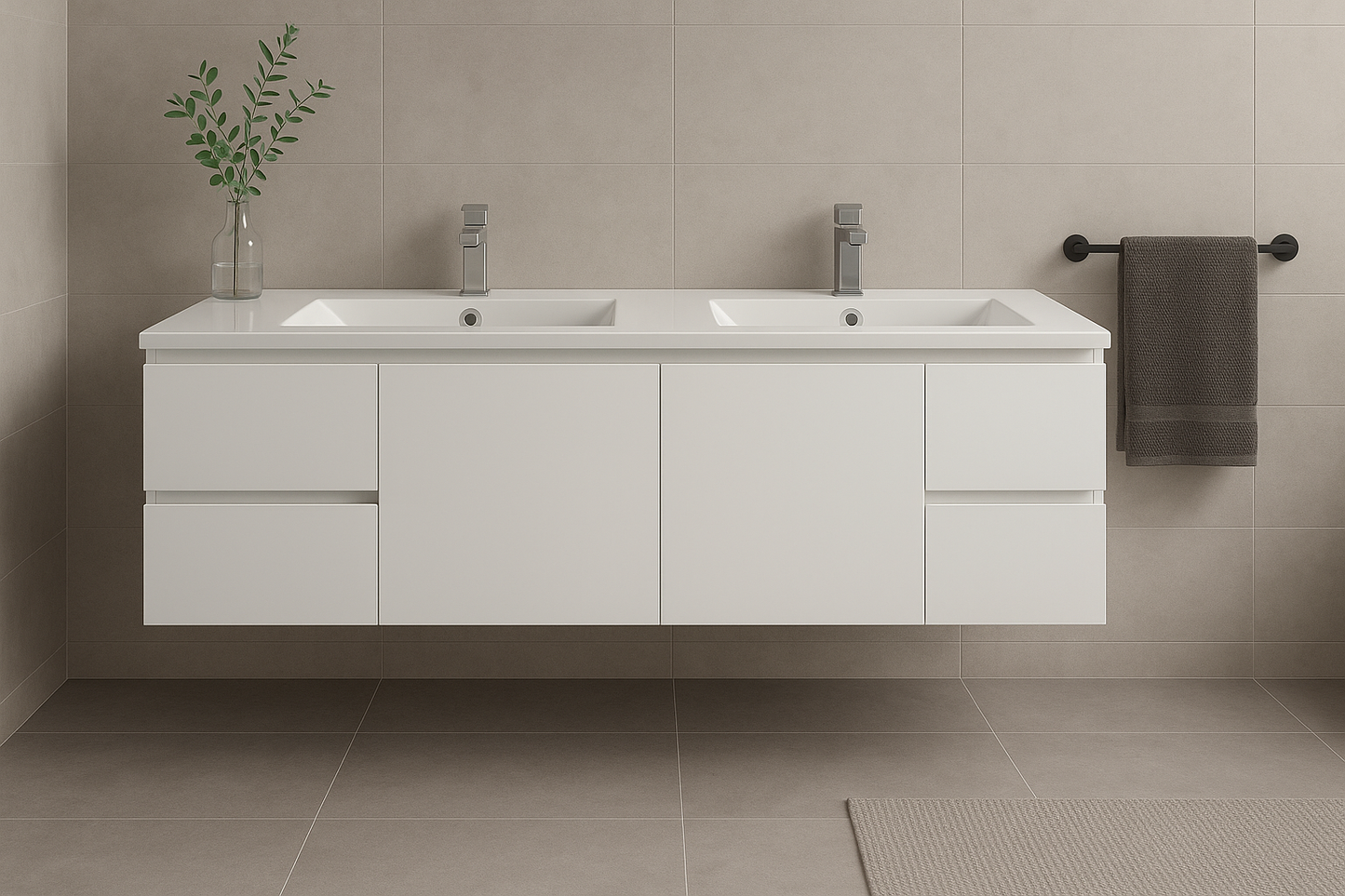 Floating Vanity PVC 60"Glossy White Double Sink 4 Drawers 2 Doors