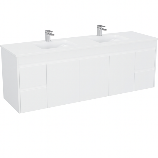 Floating Vanity PVC Glossy White 72"x 18" Single Sink 4 Drawers 3 Doors