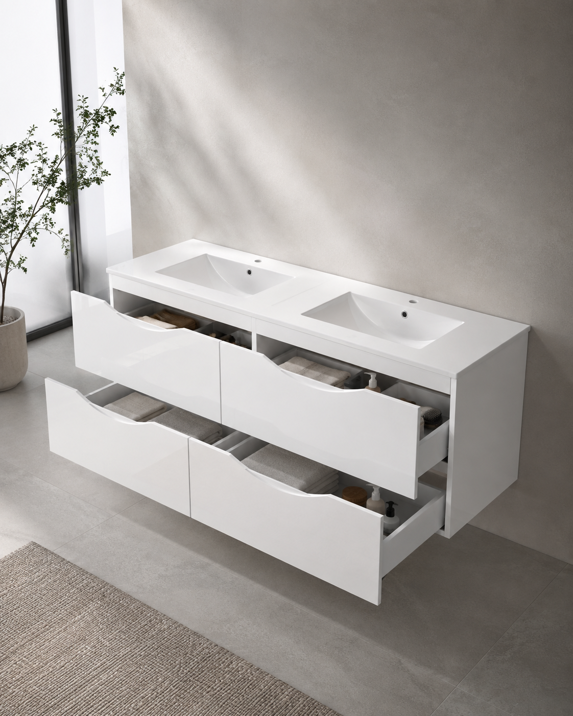 Floating Vanity 60" x 18" Inch PVC White Color Four  Drawers Double  Sink