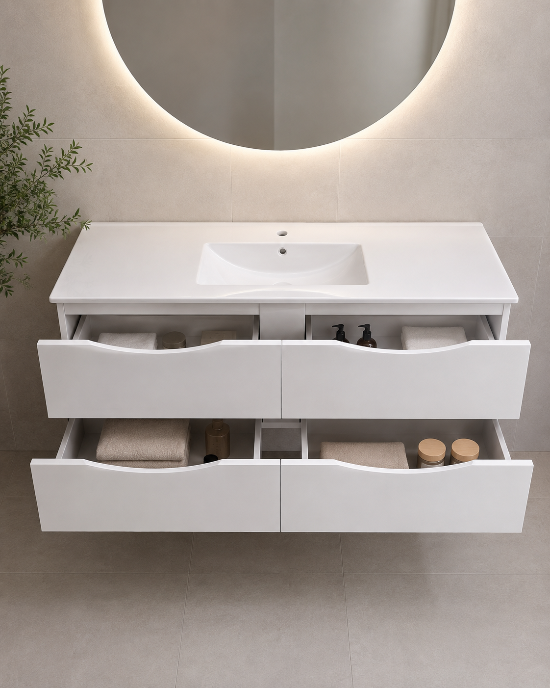 Floating Vanity 48" x 18" Inch PVC White Color Four  Drawers