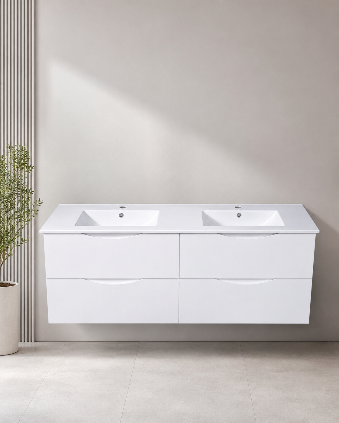 Floating Vanity 60" x 18" Inch PVC White Color Four  Drawers Double  Sink