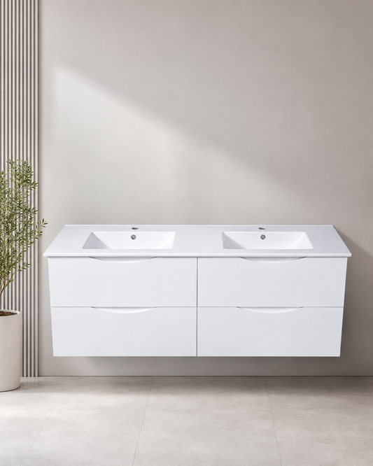 Floating Vanity 60" x 18" Inch PVC White Color Four  Drawers Double  Sink