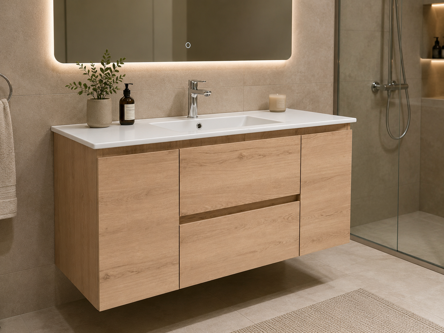Floating Vanity 48" x 18" Inch PVC Wood Color Two  Drawers And Two Doors