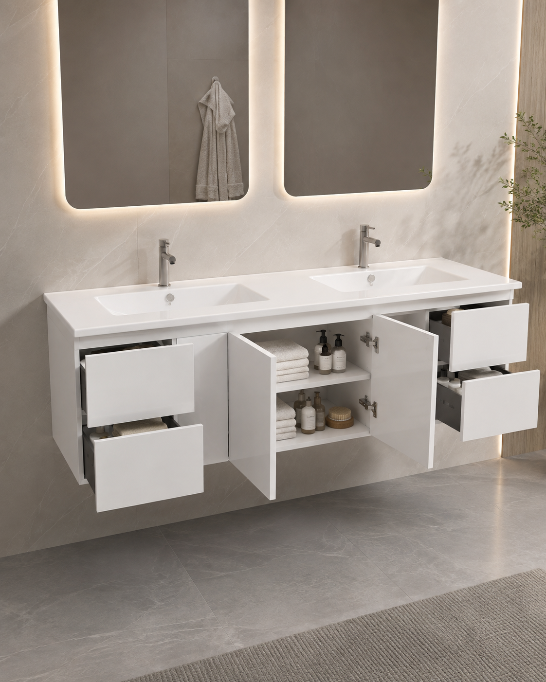 Floating Vanity PVC 60"Glossy White  Double Sink  4 Drawers 2 Doors